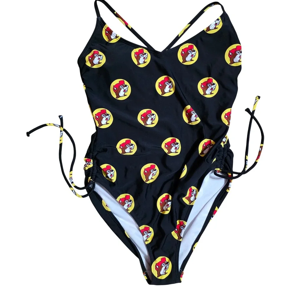 Buc-ee's Women XL One Piece Swimsuit Black Logo Print Ruched Side Texas Novelty